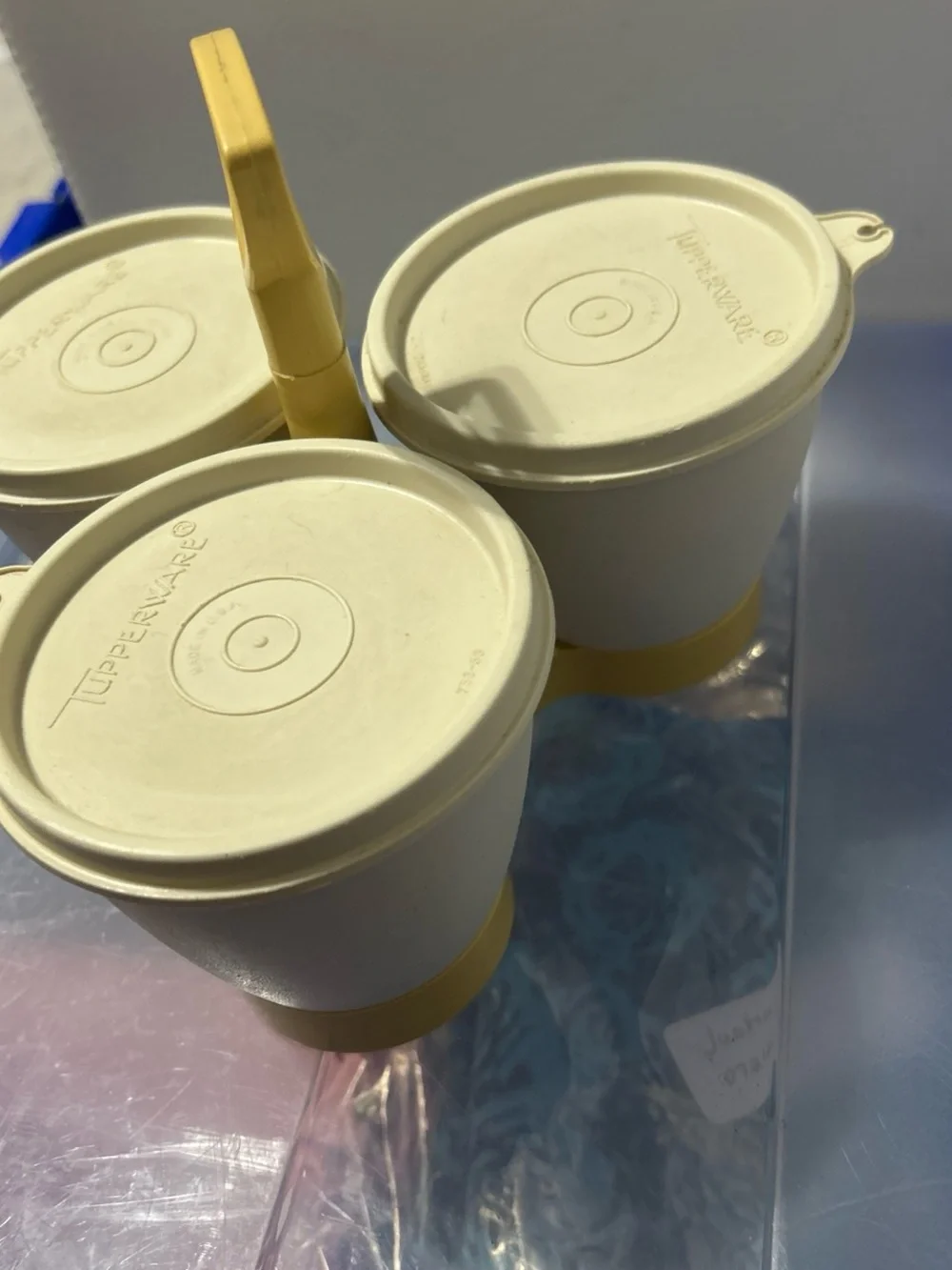 Tupperware Three-Cup Condiment Caddy in Cream and Yellow
